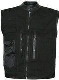 Men's Leather and Denim Tactical Swat Style Motorcycle Vest Concealed Carry