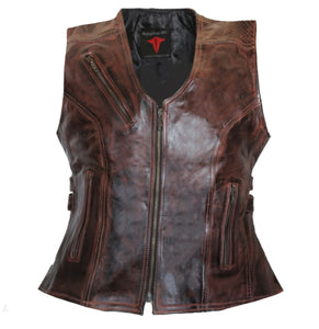 Ladies Chocolate Brown Side Buckle Motorcycle Biker Leather Concealed Carry Vest