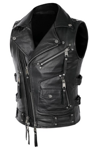 Men's Classic Sleeveless Biker Style Classic Vest Belted Motorcycle Leather Vest