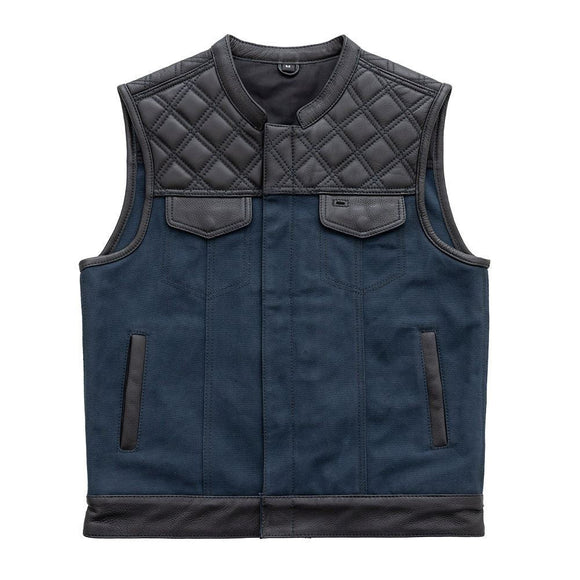 Hunt Club Men's Diamond Quilted Stitched Blue Motorcycle Concealed Carry Leather And Denim Vest