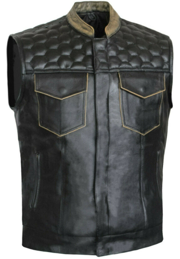 Mens SOA Club Biker Style Padded Motorcycle Concealed Carry Black Leather Vest