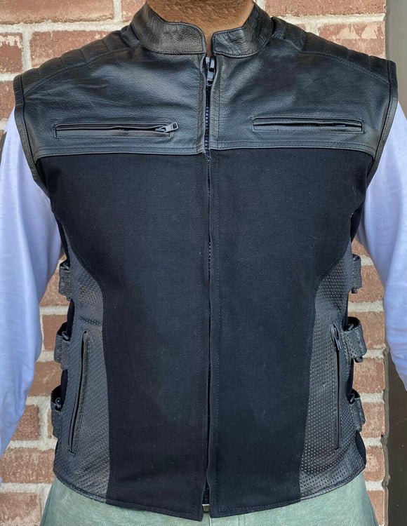 MEN'S MOTORCYCLE BLACK SWAT PREMIUM LEATHER AND DENIM CONCEALED CARRY VEST