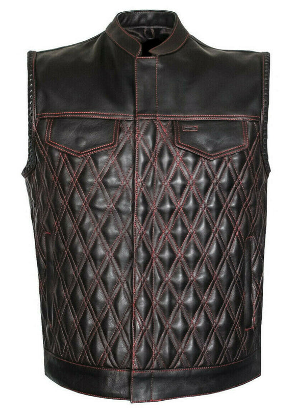 Hunt Club Men Padded Club Style Red Stitched Biker Motorcycle Concealed Carry Leather Vest
