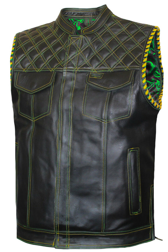 Mens Club Style Gold Paisley Liner Motorcycle Concealed Carry Leather Vest