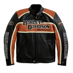 Harley Davidson Men's Classic Black & Orange Motorcycle Leather Biker Jacket Concealed Carry
