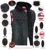 Redline - Mens Hooded Padded Motorcycle Biker Leather Vest Concealed Carry