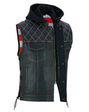 Redline - Mens Hooded Padded Motorcycle Biker Leather Vest Concealed Carry