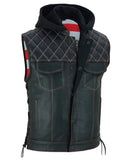 Redline - Mens Hooded Padded Motorcycle Biker Leather Vest Concealed Carry