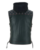 Redline - Mens Hooded Padded Motorcycle Biker Leather Vest Concealed Carry