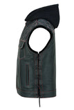 Redline - Mens Hooded Padded Motorcycle Biker Leather Vest Concealed Carry