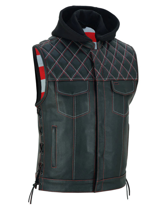 Redline - Mens Hooded Padded Motorcycle Biker Leather Vest Concealed Carry