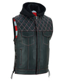 Redline - Mens Hooded Padded Motorcycle Biker Leather Vest Concealed Carry