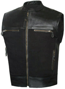 Men Motorcycle Leather Canvas Club Biker Style Vest Concealed Carry Pockets