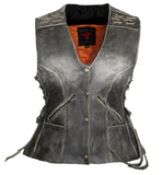 Ladies Distressed Braided Side Laces Motorcycle Leather Concealed Carry Vest