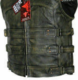 Men's Tactical Style Side Buckle Motorcycle Leather Vest Concealed Carry