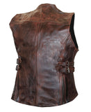 Ladies Chocolate Brown Side Buckle Motorcycle Biker Leather Concealed Carry Vest