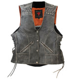 Ladies Distressed Braided Side Laces Motorcycle Leather Concealed Carry Vest