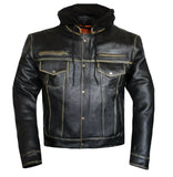 MEN'S MOTORCYCLE BIKER LEATHER JACKET W/DETACHABLE HOOD