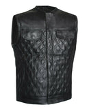 Men Padded Club Style Black Stitched Biker Motorcycle Concealed Leather Vest