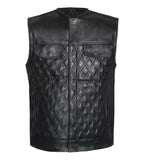 Men Padded Club Style Black Stitched Biker Motorcycle Concealed Leather Vest