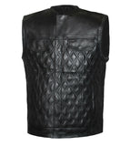 Men Padded Club Style Black Stitched Biker Motorcycle Concealed Leather Vest