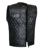 Men Padded Club Style Black Stitched Biker Motorcycle Concealed Leather Vest