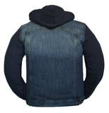 Mens Motorcycle Blue Denim Concealed Carry Vest Removable Hoodie