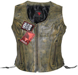 Ladies Side Laces Motorcycle Distressed Brown Leather Concealed Carry Vest