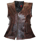 Ladies Chocolate Brown Side Buckle Motorcycle Biker Leather Concealed Carry Vest