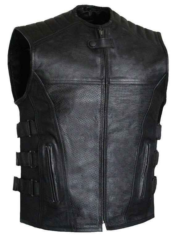 Mens SWAT Motorcycle Biker Style Leather Vest Tactical Style Black
