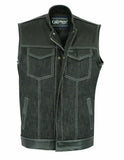 Men's Motorcycle Denim And Leather White Stitching Vest W/ inside Gun Pockets