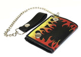 Men's Flames Tri-Fold Biker Styled Removable Chain Genuine Leather Wallet