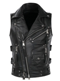 Men's Classic Sleeveless Biker Style Classic Vest Belted Motorcycle Leather Vest