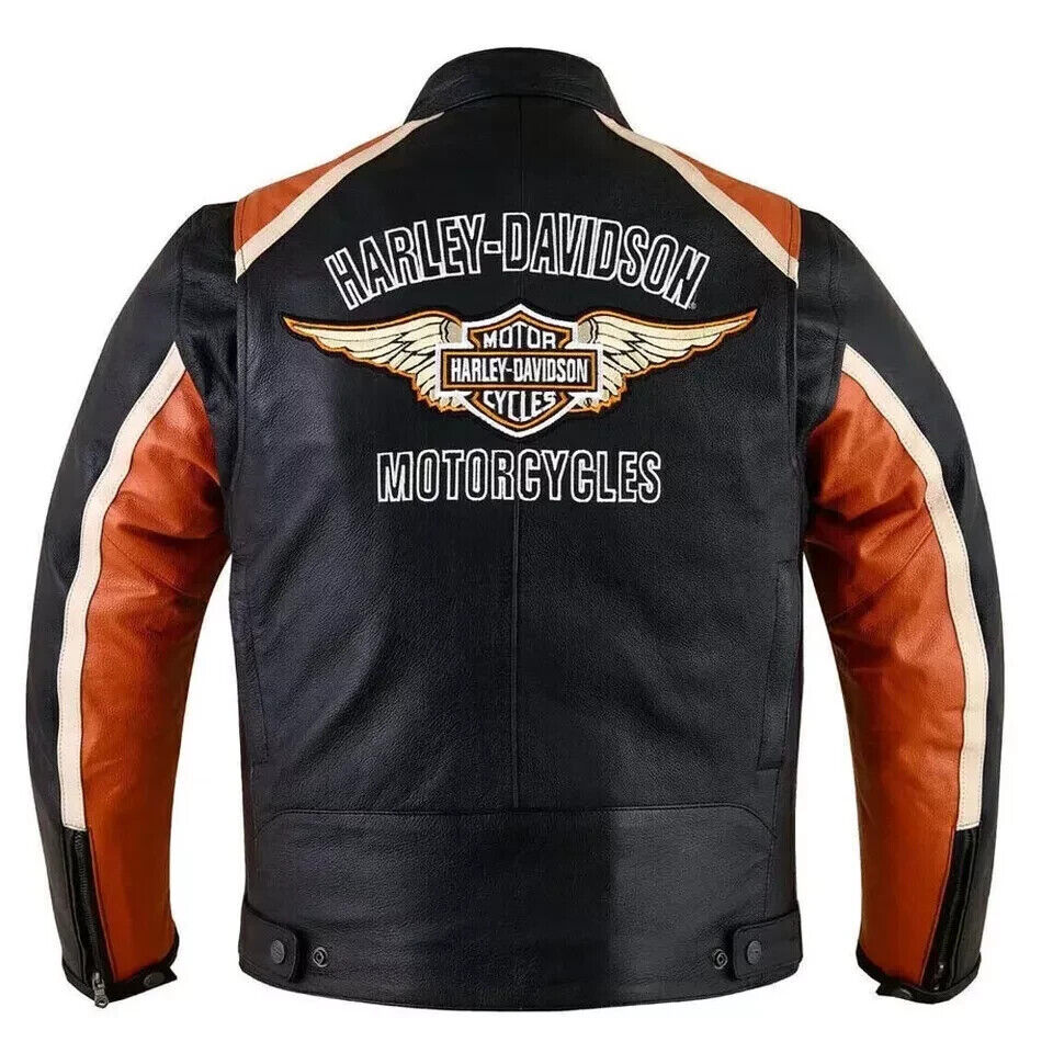 Harley Davidson Men's Classic Black & Orange Motorcycle Leather