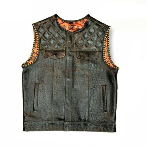 Hunt Club Mens Croc Leather Diamond Stitched Leather Paisley Motorcycle Concealed Carry Vest