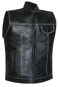 Men Distressed Black Club Style Motorcycle Concealed Carry Leather Vest