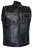 Men Distressed Black Club Style Motorcycle Concealed Carry Leather Vest