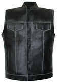 Men Distressed Black Club Style Motorcycle Concealed Carry Leather Vest