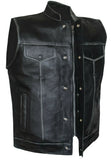 Men Distressed Black Club Style Motorcycle Concealed Carry Leather Vest