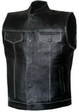 Men Distressed Black Club Style Motorcycle Concealed Carry Leather Vest