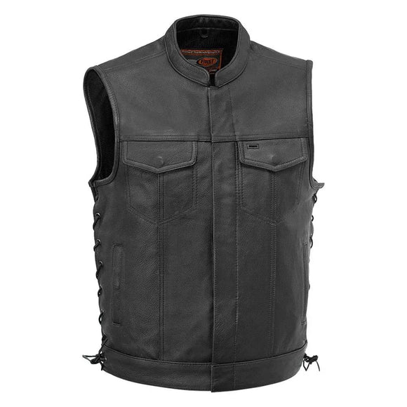 Mens Side Lace Classic Style Black Leather Motorcycle Biker Concealed Carry Vest