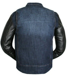 Mens Biker Style Motorcycle Blue Denim And Leather Concealed Carry Jacket