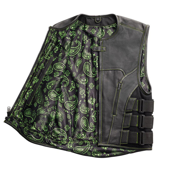 Hunt Club Men's Green Paisley Tactical Swat Style Motorcycle Leather Vest Concealed Carry