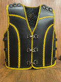 Men's Heavy Buckles Thick Cowhide Leather 1.3mm Yellow Braided Motorcycle Biker Concealed Carry Leather Vest