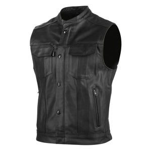 Mens Club Style Solid Motorcycle Biker Shirt Style Armored Leather Vest Concealed Carry