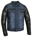 Mens Biker Style Motorcycle Blue Denim And Leather Concealed Carry Jacket