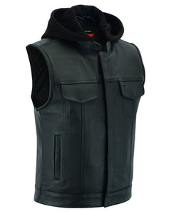 Mens Motorcycle Black Concealed Carry Club Vest W/ Removable Hoodie