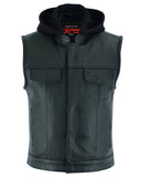 Mens Motorcycle Black Concealed Carry Club Vest W/ Removable Hoodie