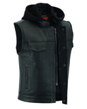 Mens Motorcycle Black Concealed Carry Club Vest W/ Removable Hoodie