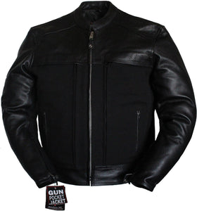 Mens Biker Style Motorcycle Black Denim And Leather Concealed Carry Jacket